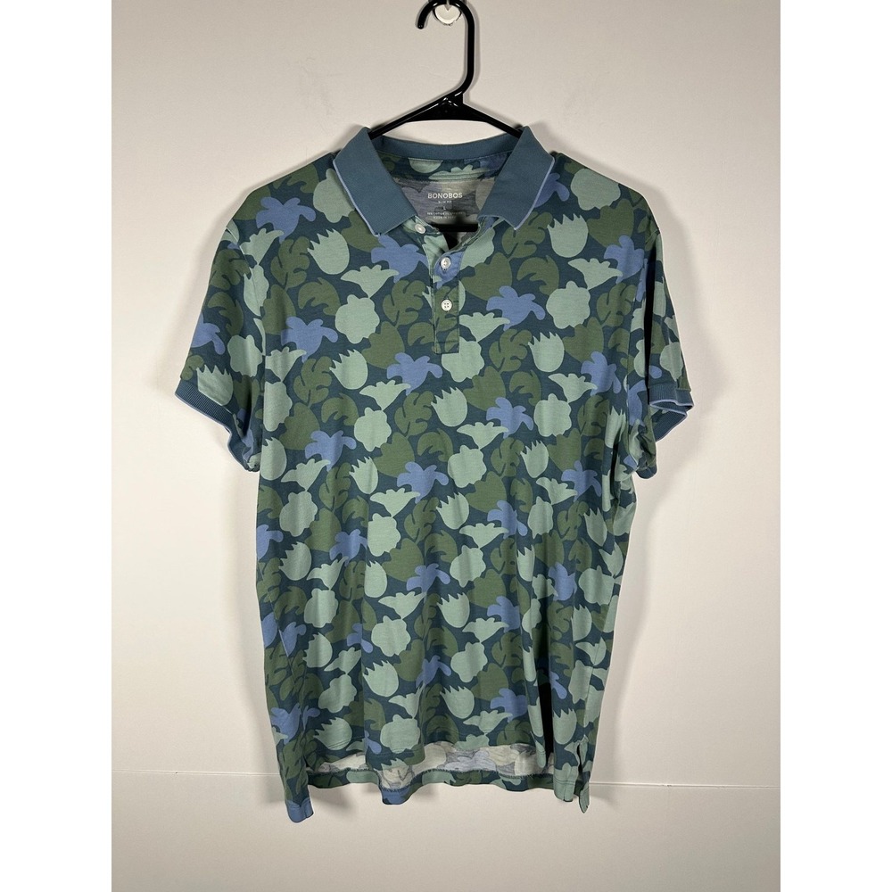 Bonobos Polo Shirt Mens L Slim Fit Floral Camo Short Sleeve Green Blue Pique